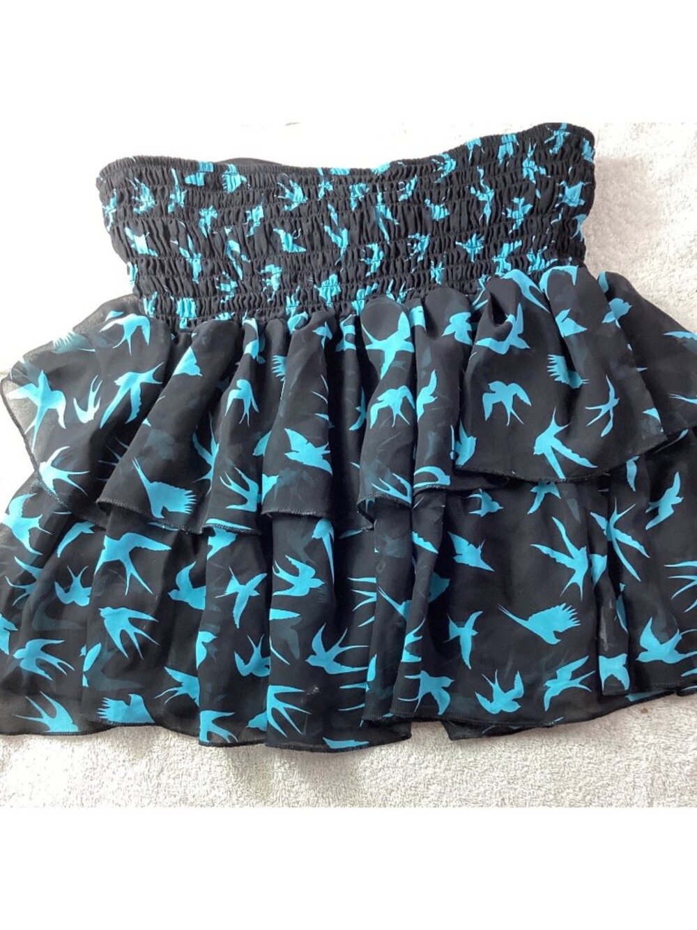 Bird Print Ruffled Mini Skirt*Smocked Waist*Black & Blue*Large*Xhilaration*Sissy